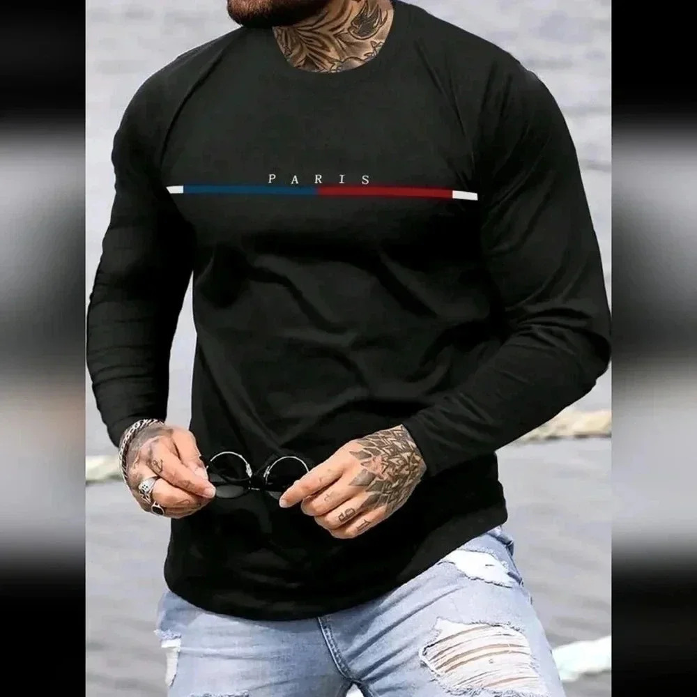 XL mens t-shirt sweat shirt long sleeve black Paris red white blue athletic styl